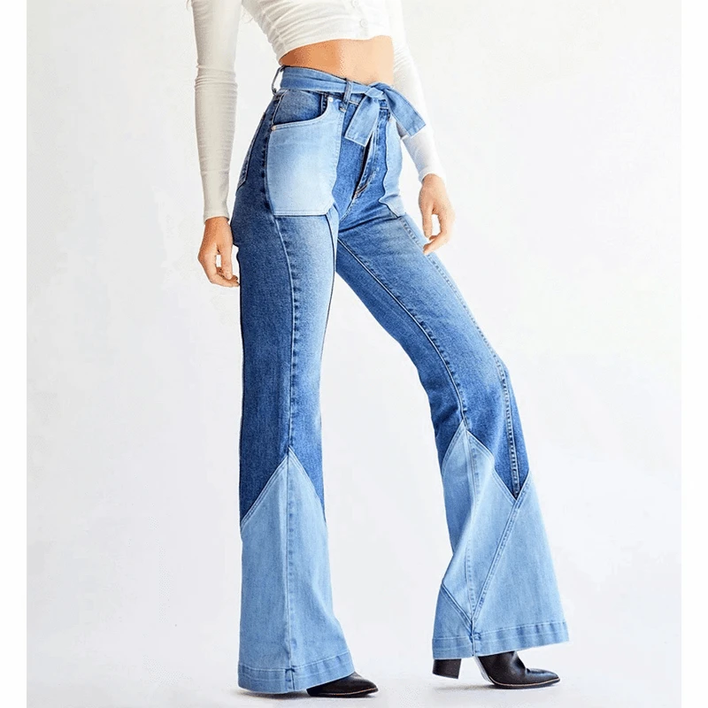 Women High Waist Two Color Stitching Slim Denim Pants Jeans With Belt  Beauty Denim Flared Pants