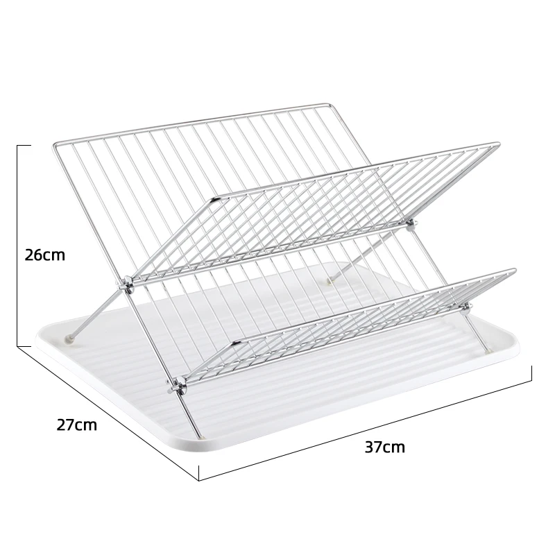 Kitchen Folding Dish Rack Holder Plate Storage Chrome Plate  Detachable Organization with Drain Tray