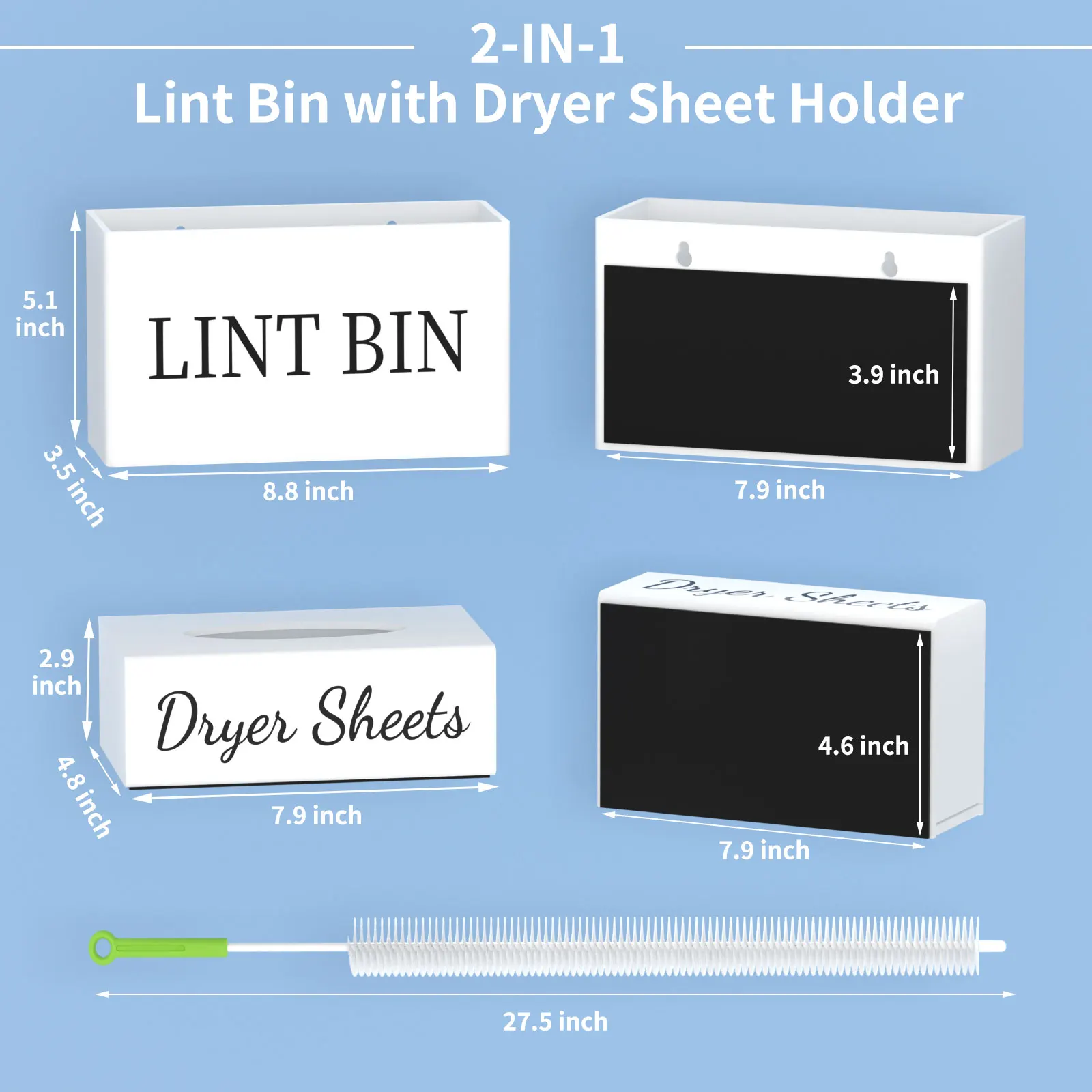 Magnetic Lint Bin Storage with dryer sheet dispenser holder and Lint Brush Laundry Room Organization Set