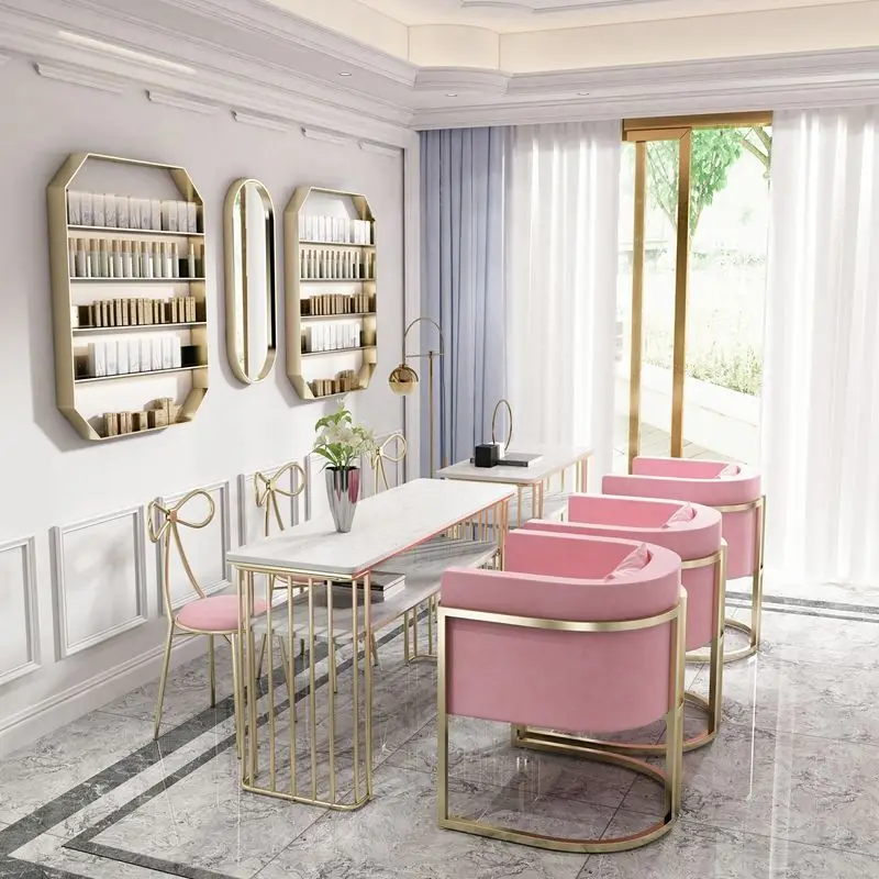 Modern Salon Pink Cheap Tables Sets Wooden Salon Nail Table and Chair Sets Manicure Table