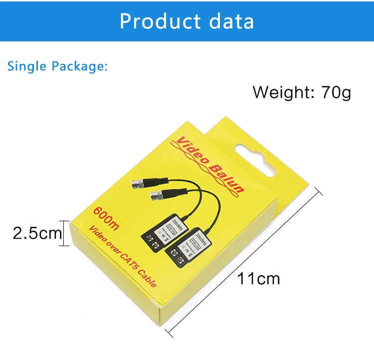 Yellow packing CCTV passive 1 ch video balun 600m factory price For CCTV camera