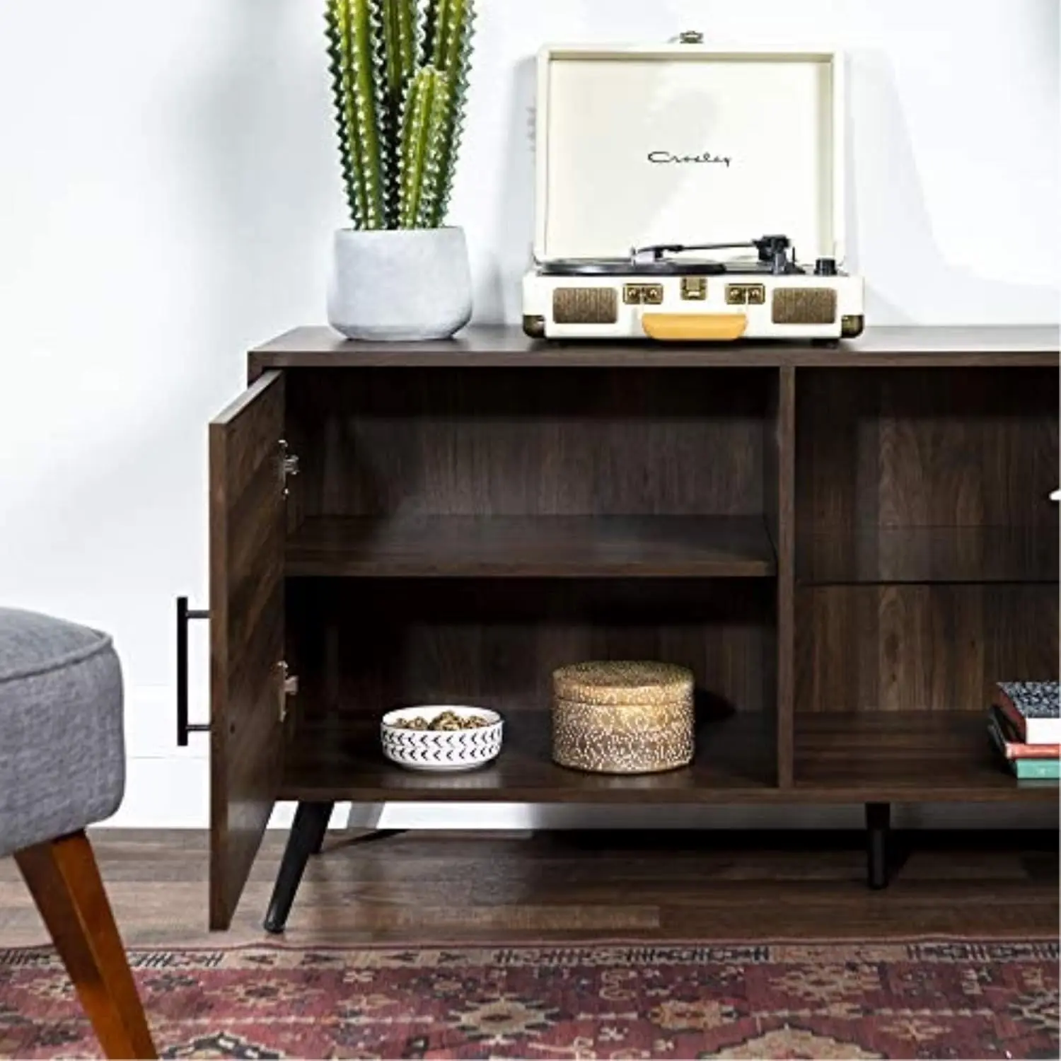 Walker Edison Saxon Modern Glass Shelf TV Stand for TVs up to 58 Inches, 52 Inch, Dark Walnut