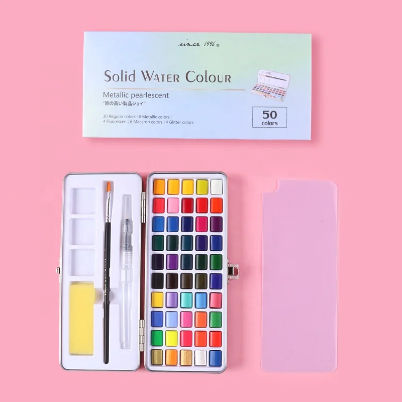 Glitter 50 Colors Solid Watercolor Set High Quality Pearlescent Paints  with Brushes in case Watercolor Pigment for Art Drawing