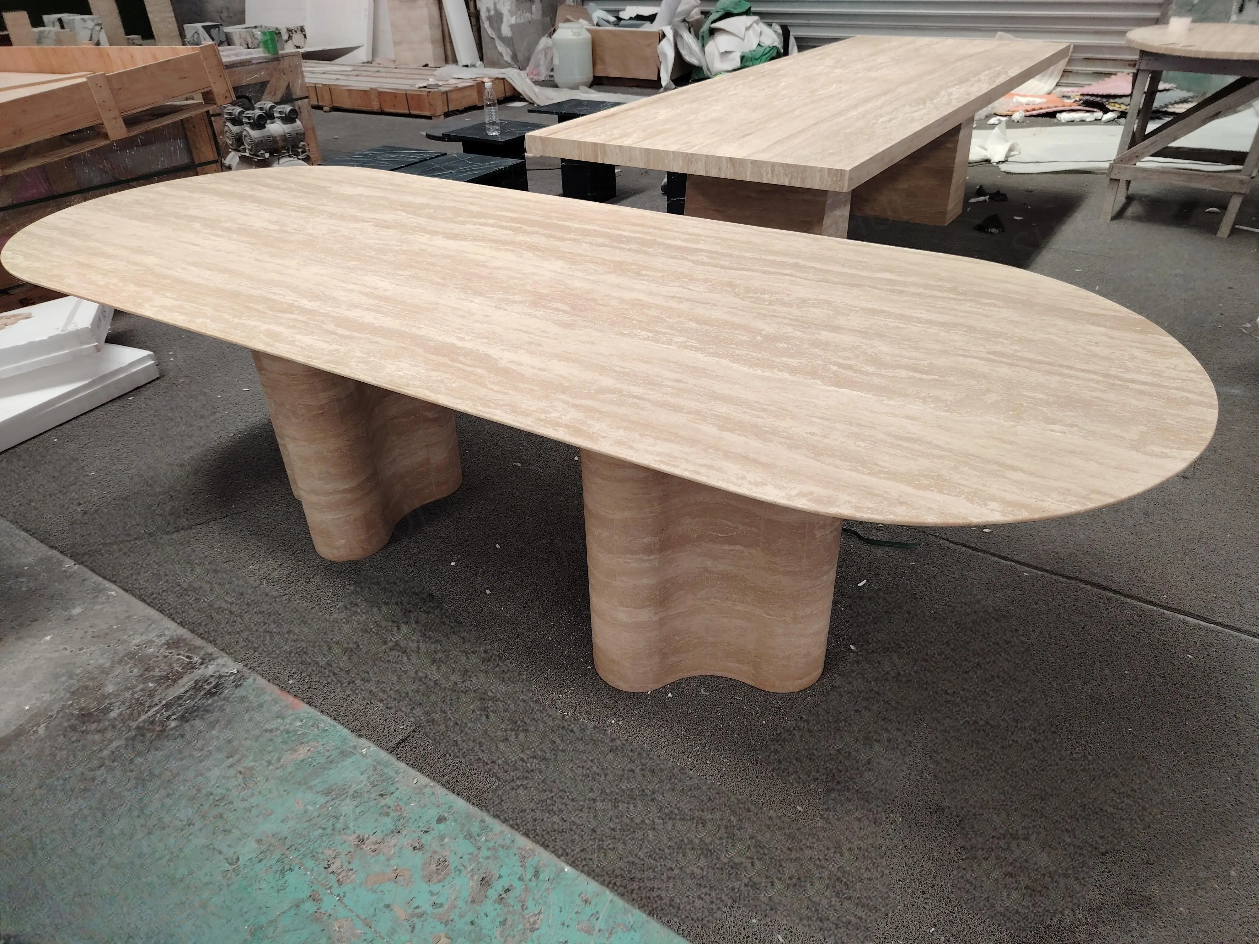 SHIHUI Customized Design Oval Furniture Natural Stone Beige Travertine Large Marble Dining Tables Luxury