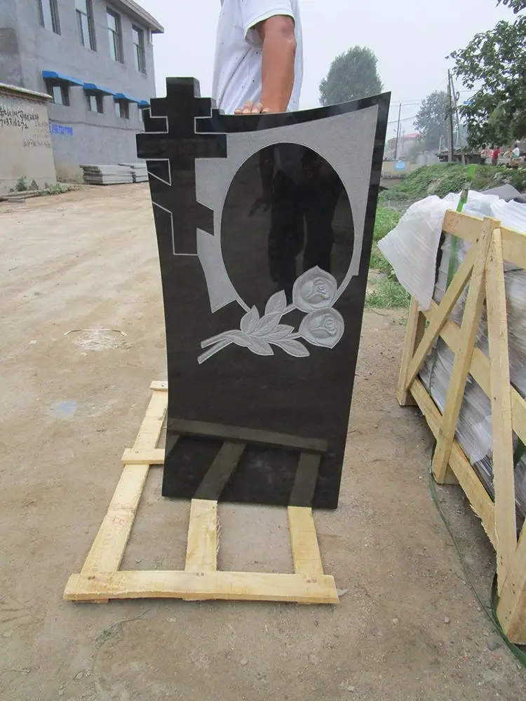 Tear Drop Carved Flower Shanxi Black Granite Headstone For Gravestone