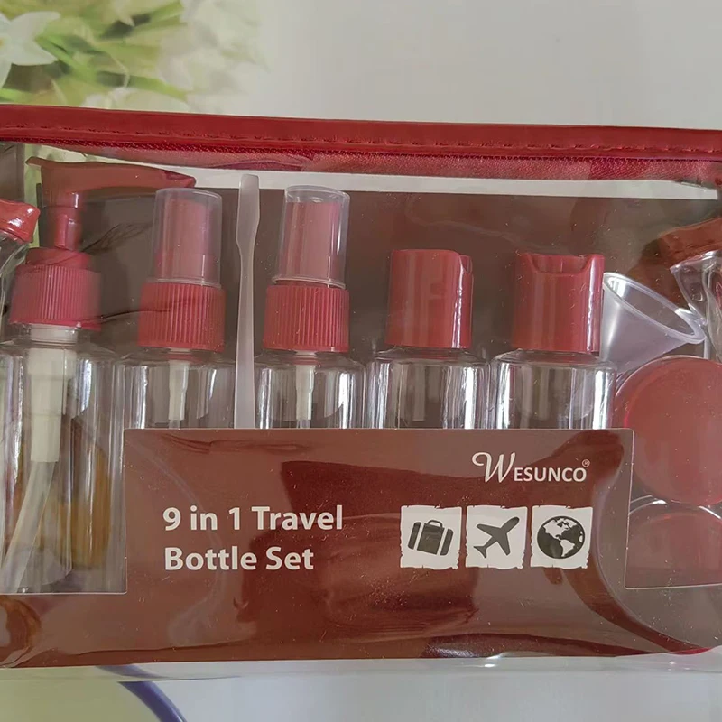 Wholesale Plastic Travel Set Bottle Zipper Bag 9Pieces Set 60ml For Cosmetic Container Lotion Spray Flip Cap Bottle Jar Reusable