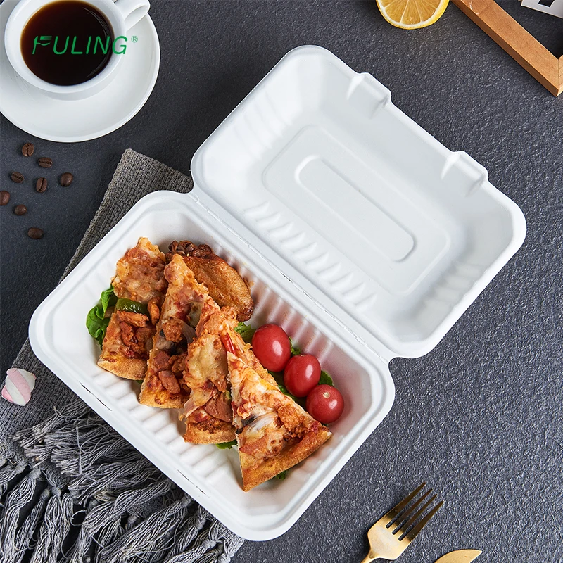 FULING Biodegradable paper plate disposable tableware bagasse food container clamshell lunch box to go