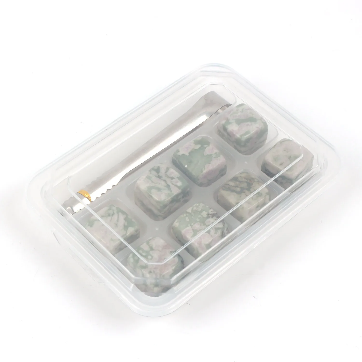 8pcs Whiskey Stone Rocks Beverage Chilling Rocks Reusable Cooling Stone Cube with Ice Tongs Green Onyx