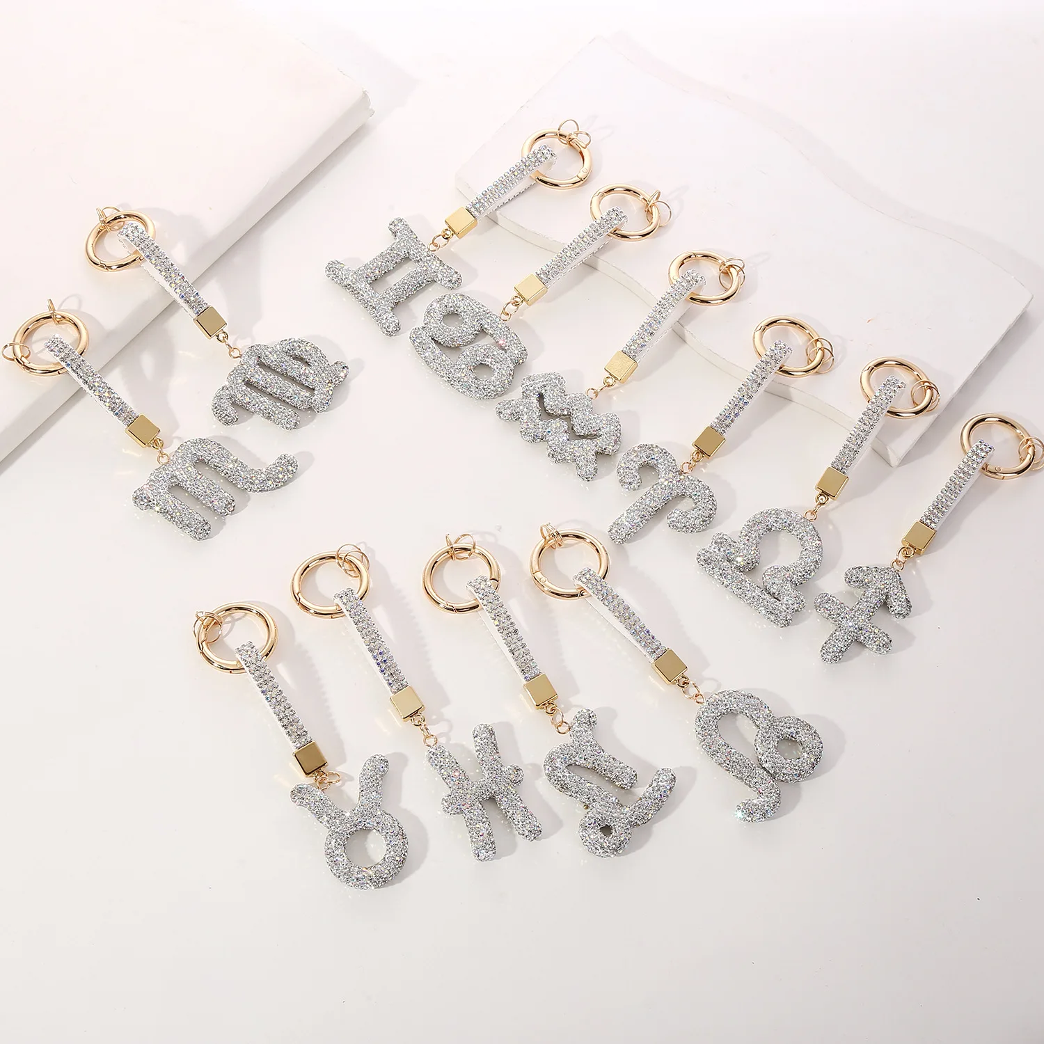 New Arrival Diy Custom Crystal Color 12 Star Sign KeyChain White Crystal 12 Animals Star Key Chain