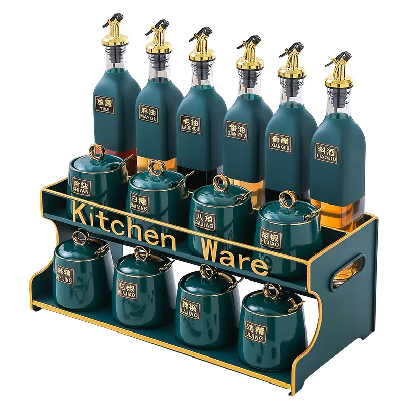 kitchen 15pcs ceramic bottles spice storage container jar sets with wooden rack