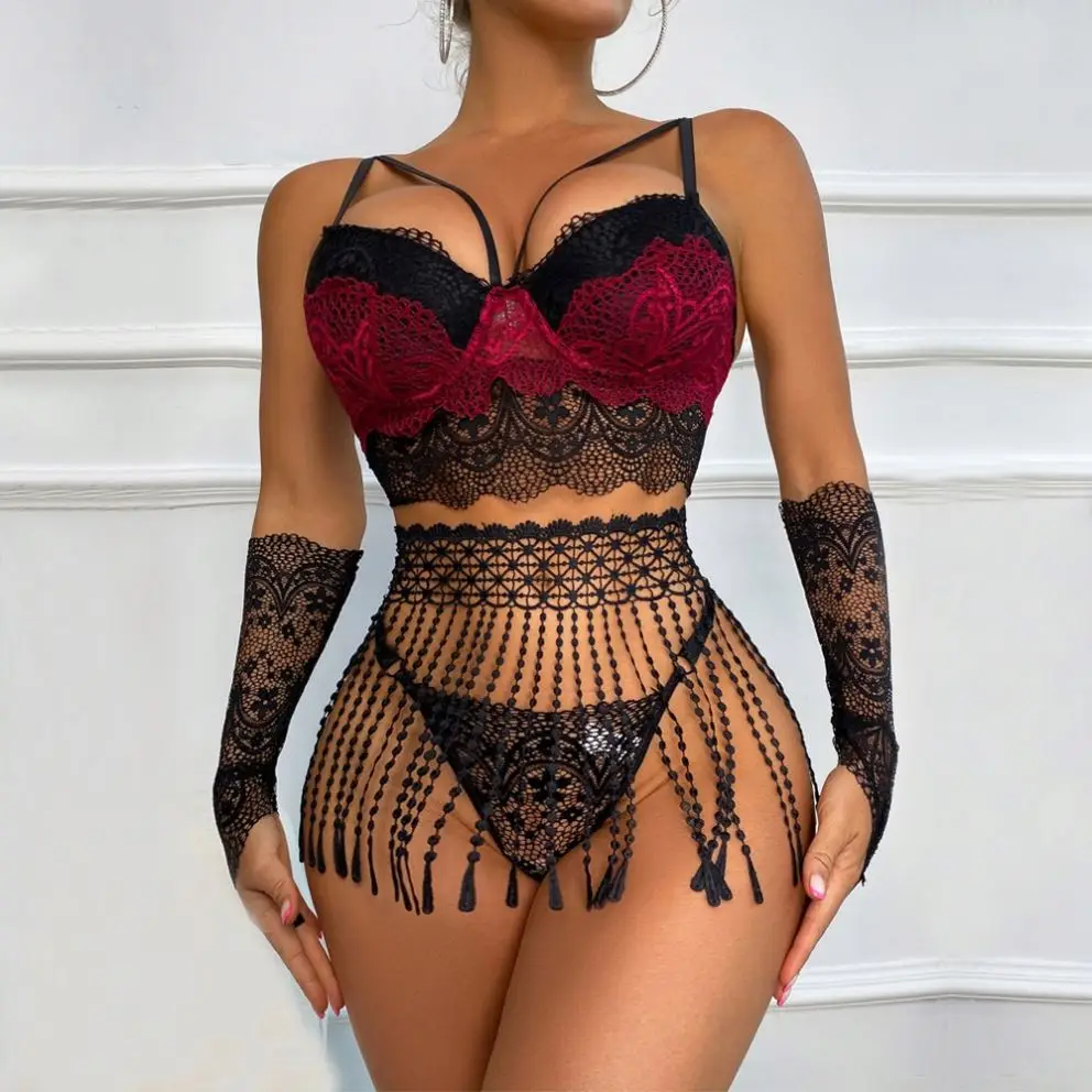 X1271 High Quality 4pcs Bra and Panty set with Tassels Garter Erotic Underwear for wman Sexy Embroidery Lace Lingerie set