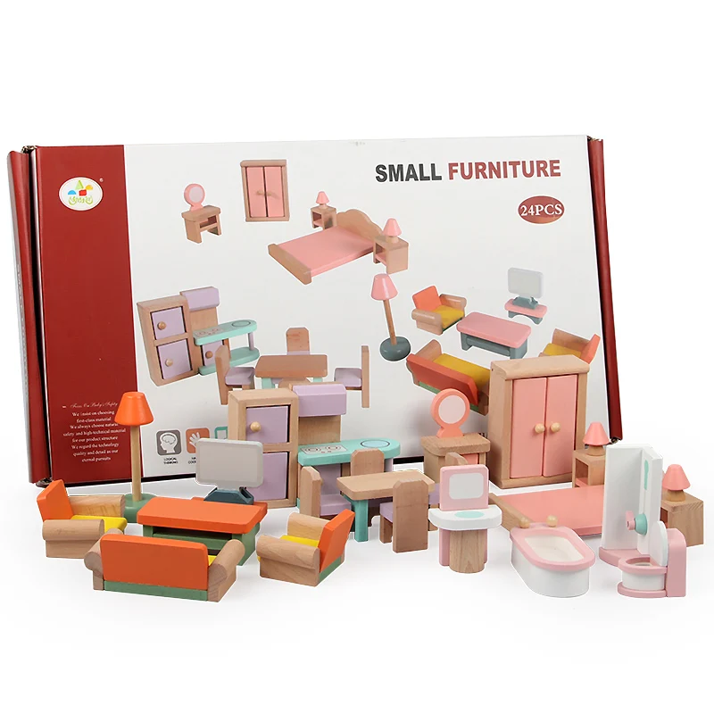 24 pcs Wooden Dollhouse Furniture Miniature Toy For Dolls Kids Children house Play toy mini furniture sets Doll accessories Toys