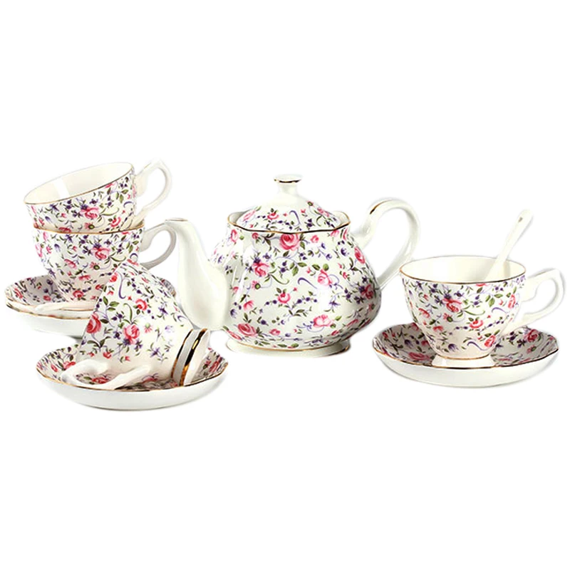 Garden tea gift set for family / fine bone porcelain 4 sets cups saucers tea pot set