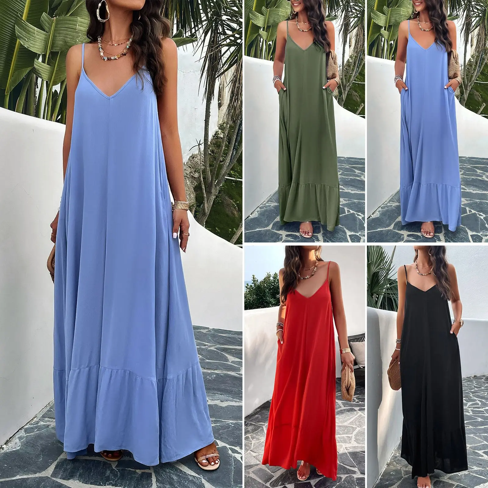 Sleeveless Casual Split Long Maxi Beach Slip Dress Loose Ladies Spaghetti Strap Floral D638 Women's Summer Plus Size Natural