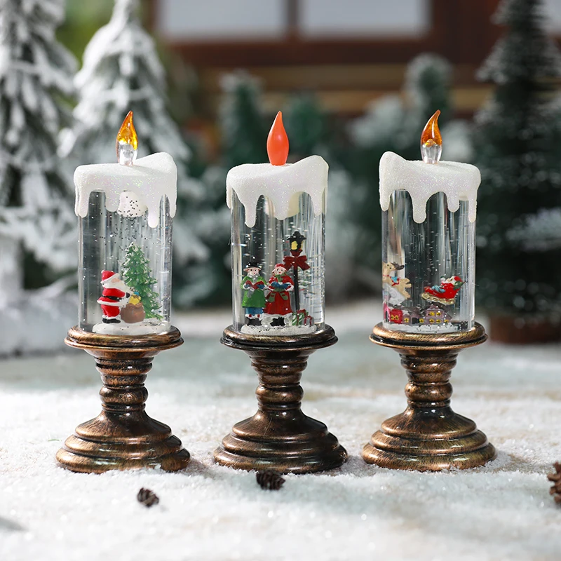 
Battery Operated LED Glitter Flameless Swirl candle christmas Snow Globe Light Water Glittering Spinning snow candle 
