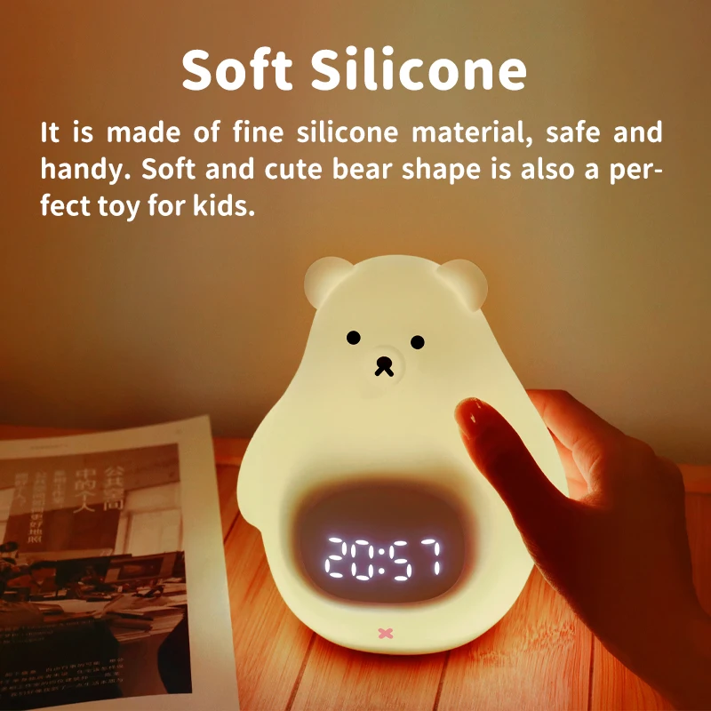 Custom Silicone Bear Sleep Trainer Digital Watch LED Night Light Desk Alarm Clocks Smart Cute Silicone Led Night Light Clock