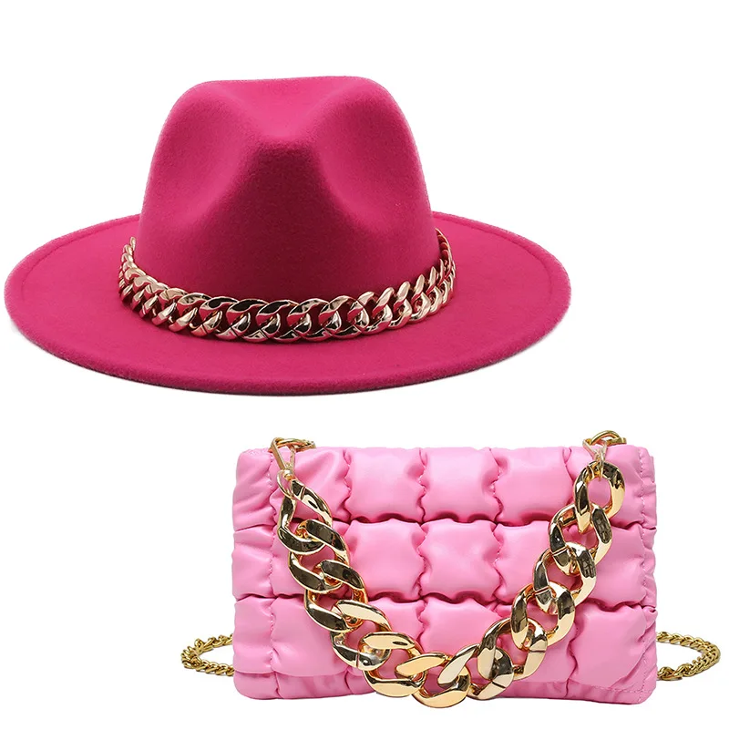 2022 New Fedora Hats And Handbags Match Hot Selling Ladies Classics Solid Fedora Hats With Gold Chain And Women Crossbody Bags