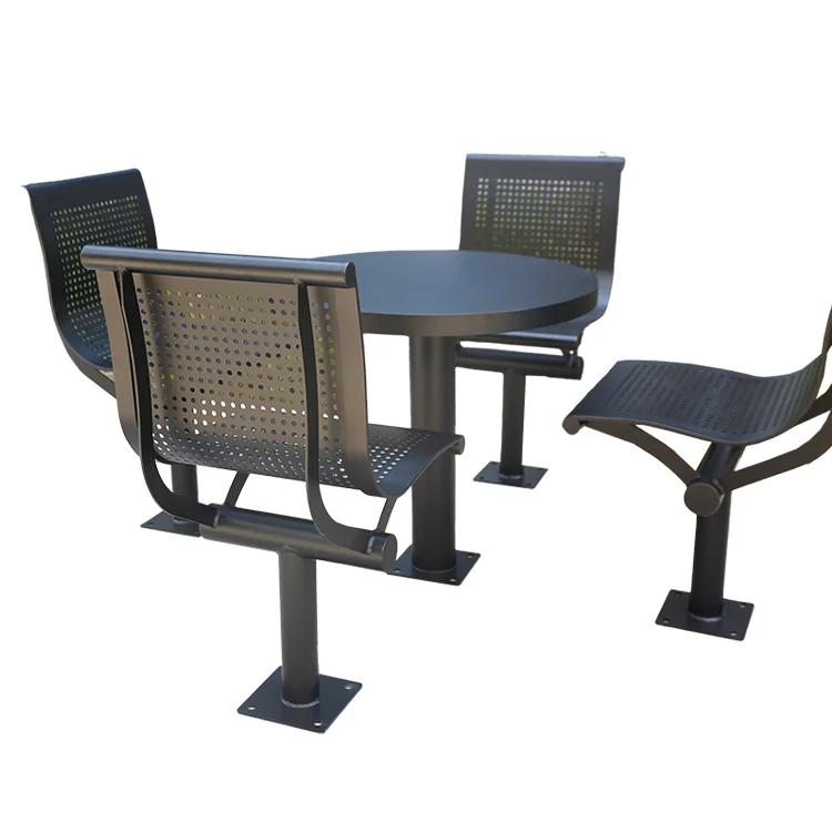 Outdoor commercial perforated metal picnic table with chair set garden furniture steel beer table outside patio coffee table