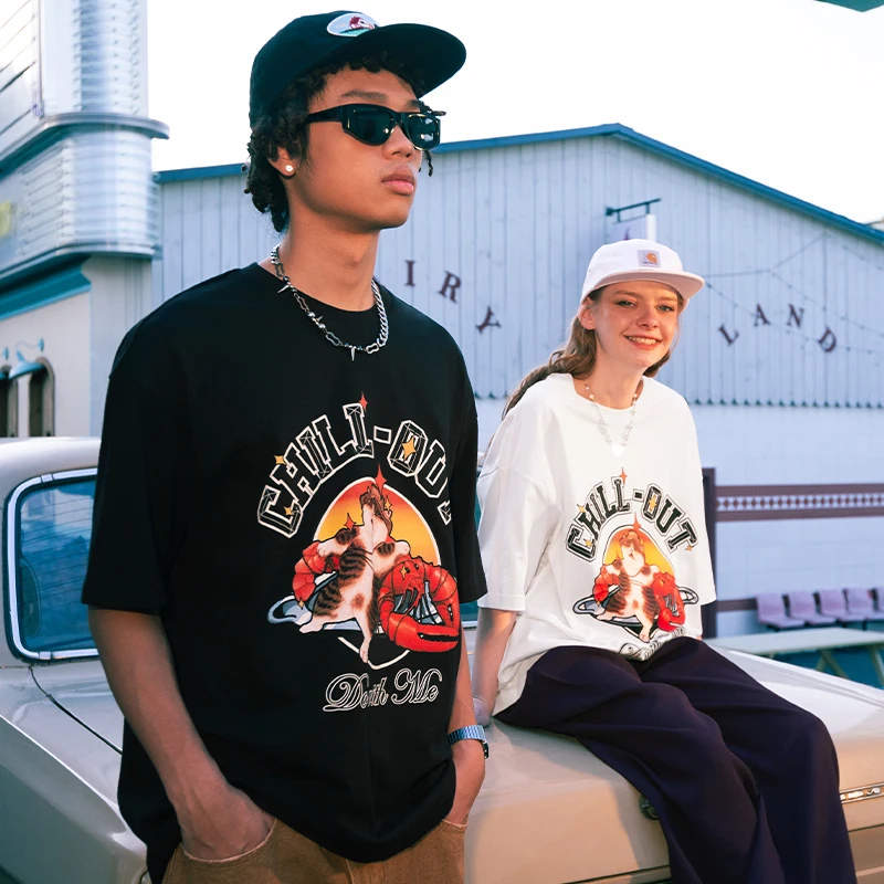 INFLATION 210G Hand-draw Funny Cat Printed Tshirt Men 16S Plus Size T-shirt