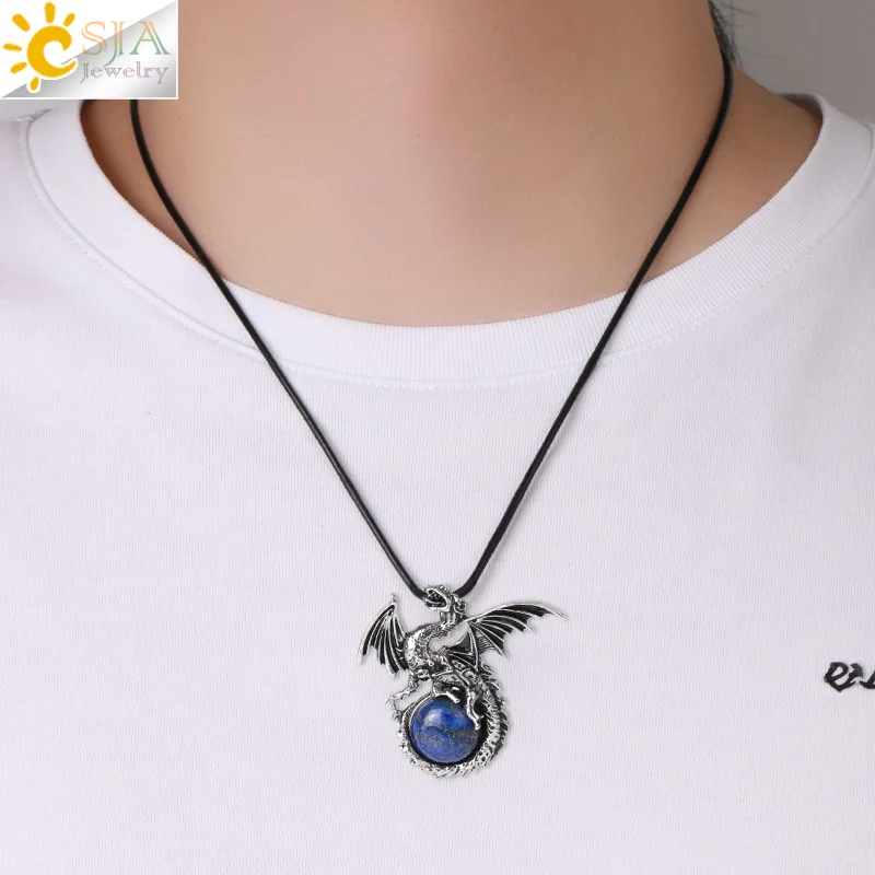 CSJA Vintage Jewelry Titanium Steel Dragon Wing Natural Healing Cabochon Stone Animal Pendant Necklace For Men Women H146