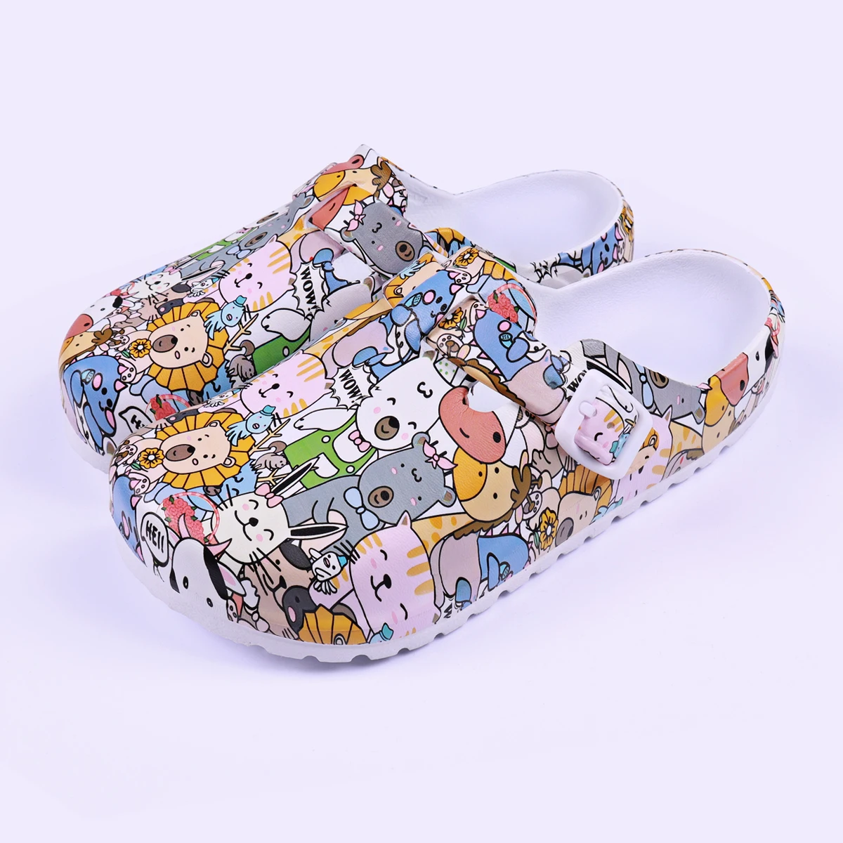 Женские повседневные водонепроницаемые мюли и сабо с мультяшным принтом, нескользящие легкие туфли на плоской подошве с пряжкой в помещении/на открытом воздухе