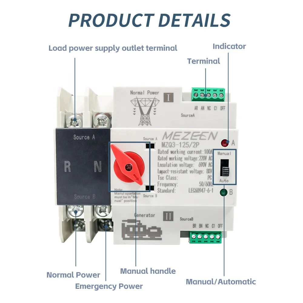 MEZEEN 630a automatic transfer switch pc class 4 pole ats manual changeover switch with 2 sources 400a single phase ats 125A