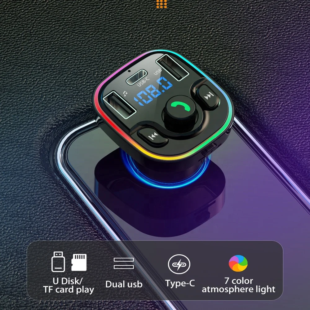 Автомобильный MP3-плеер Bluetooth 5,0, FM-передатчик, беспроводной радиоадаптер, музыкальный плеер, автомобильный комплект с 2 USB 1 PD, светодиодной подсветкой