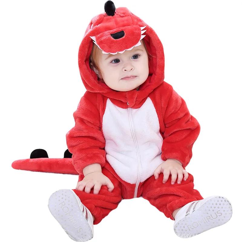 Dinosaur Onesie Pajamas Flannel Fleece Baby Animal Jumpsuit 2022 Newborn Cartoon Full 100% Polyester Unisex Winter Lovely Zipper