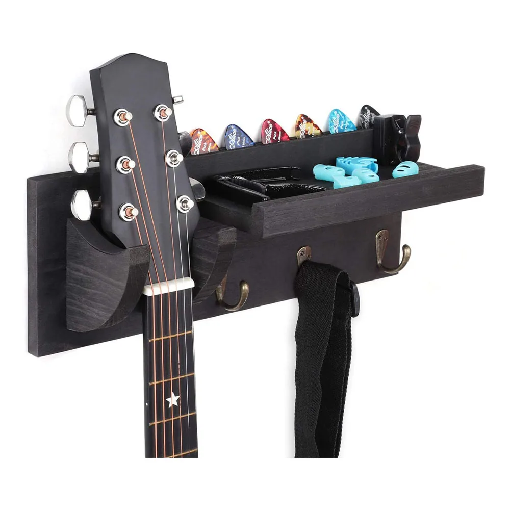 Wooden Wall Mount Double Guitar Hanger Wall Mount Guitar Holder with 4 Hooks and Pick Holder