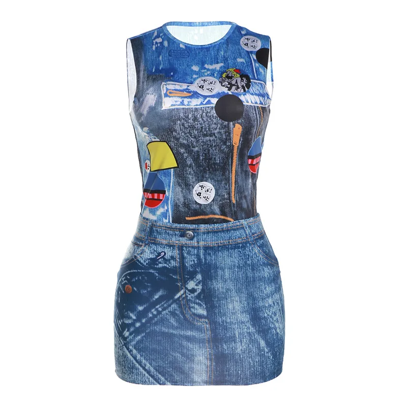 2022 Street Fashion Denim Printing Tank Top Two Piece Skirt Set Summer Outfit Casual Matching Women Sets