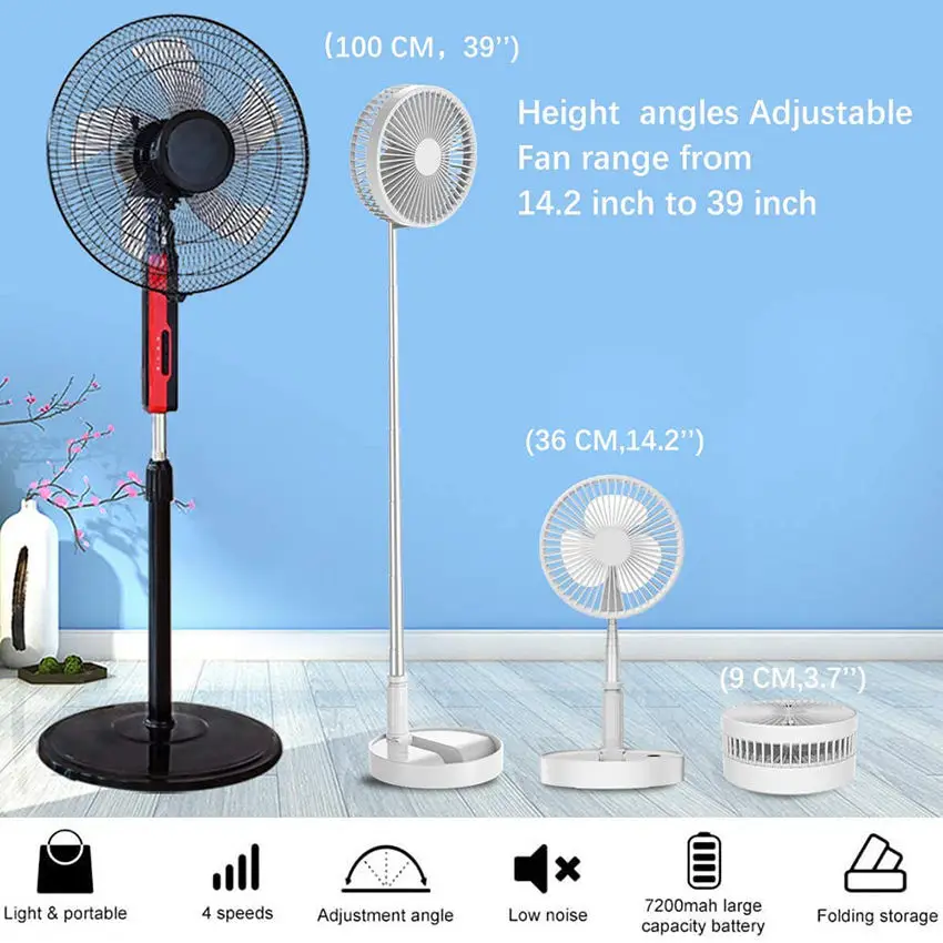 Adjustable Desktop Cooling Floor Folding Telescopic Table Fan 7200mah Kc Battery Usb Rechargeable Air Cooling Standing Fans