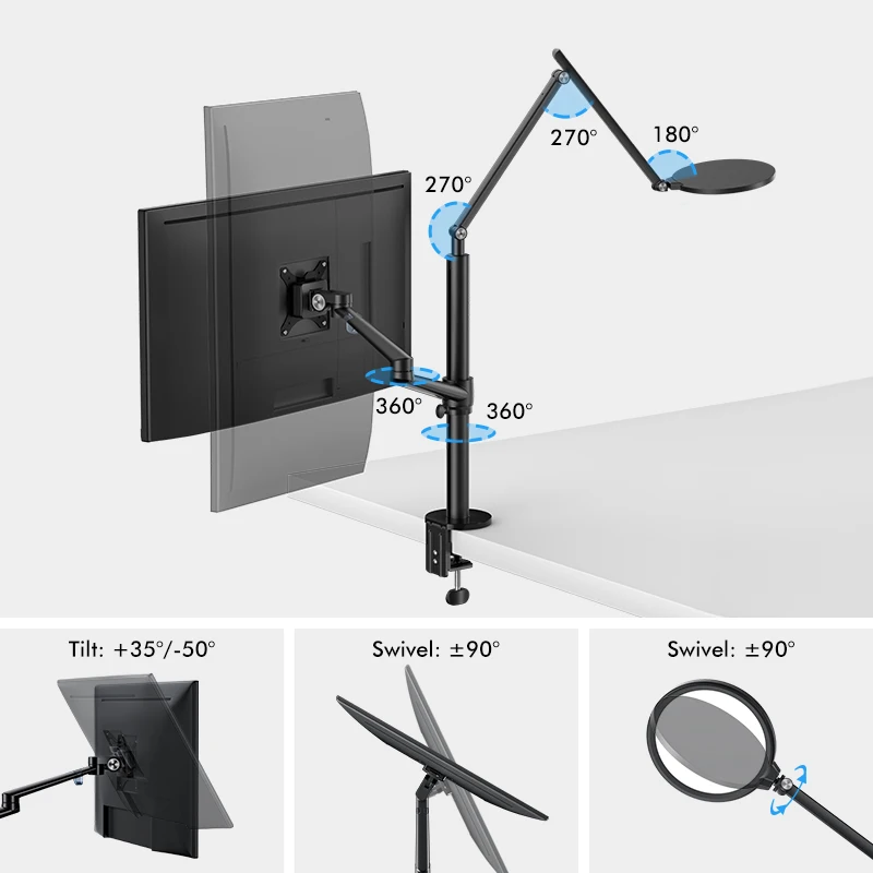UPERGO LCD Monitor Desk Mount Bracket, Swivel Desktop Monitor or Laptop Stand Arm with Working Lamp