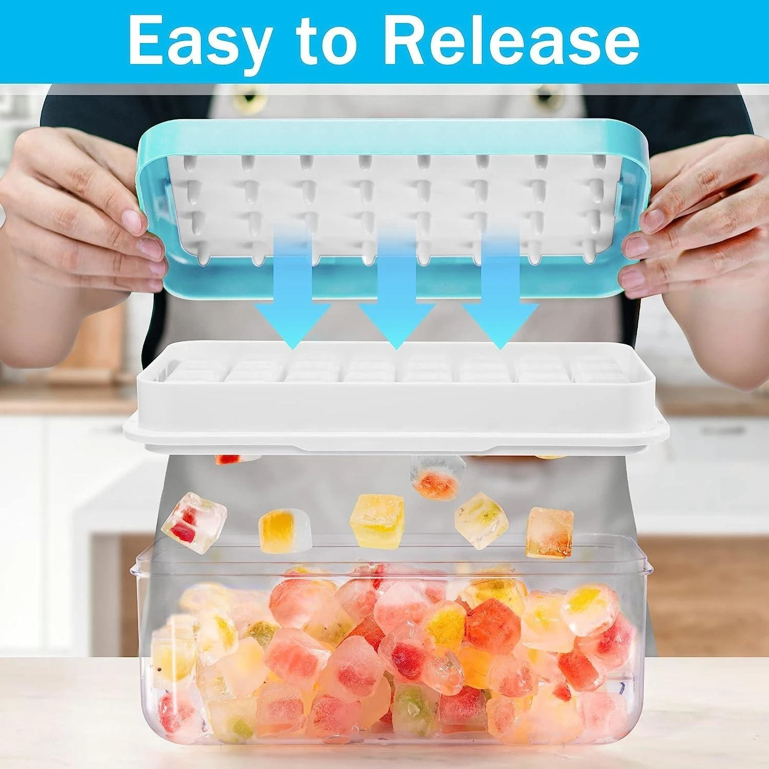 Ice Cube Tray with Lid and Bin, 64 Pcs Silicone Trays for Freezer, Easy Release & Save Space, 2 with Tongs and Scoop