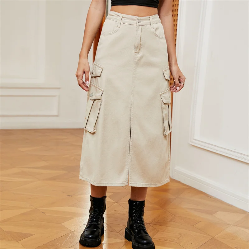 New elastic waist denim casual long skirt fashion solid color jean skirts for women