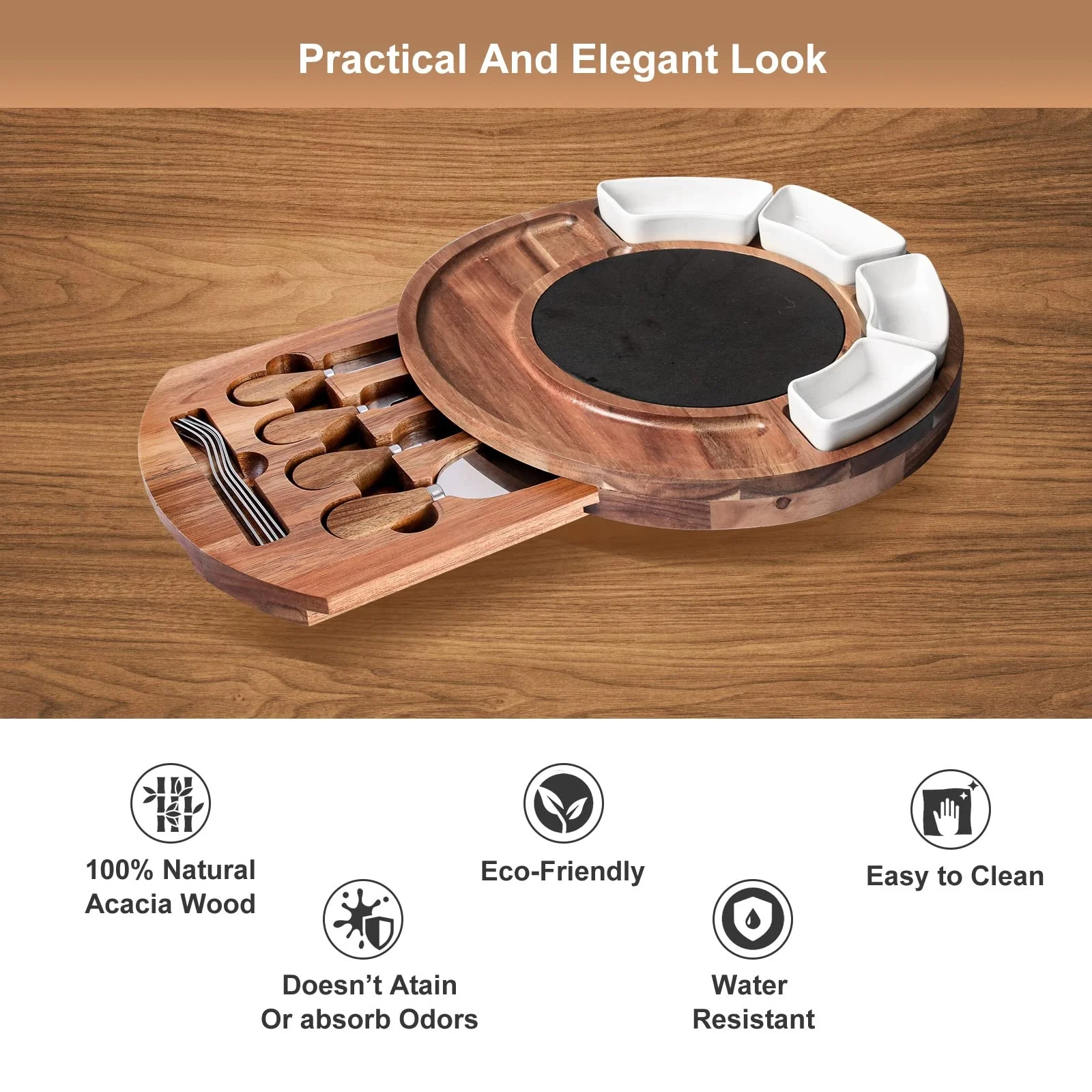 Customized Wholesale Cheese Board and Knife Set Acacia Wood Round Charcuterie Boards cheese cutting boards
