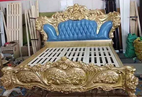 home furniture European Italian classical handmade wooden carved flowers genuine leather royal luxury bedroom set