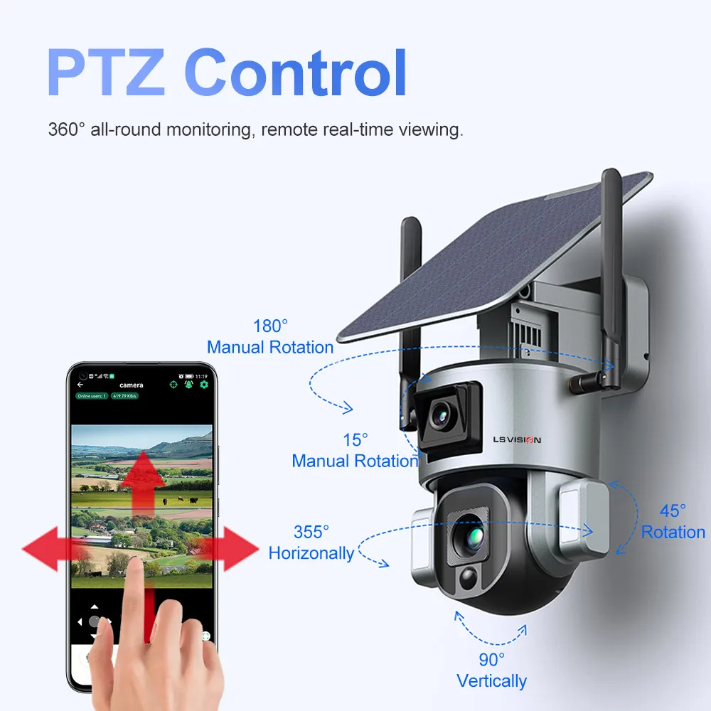 LS VISION 4K 10X Zoom Dual Lens Surveillance Outdoor Security Camera With Solar Panel PTZ Outdoor WIFI Camera