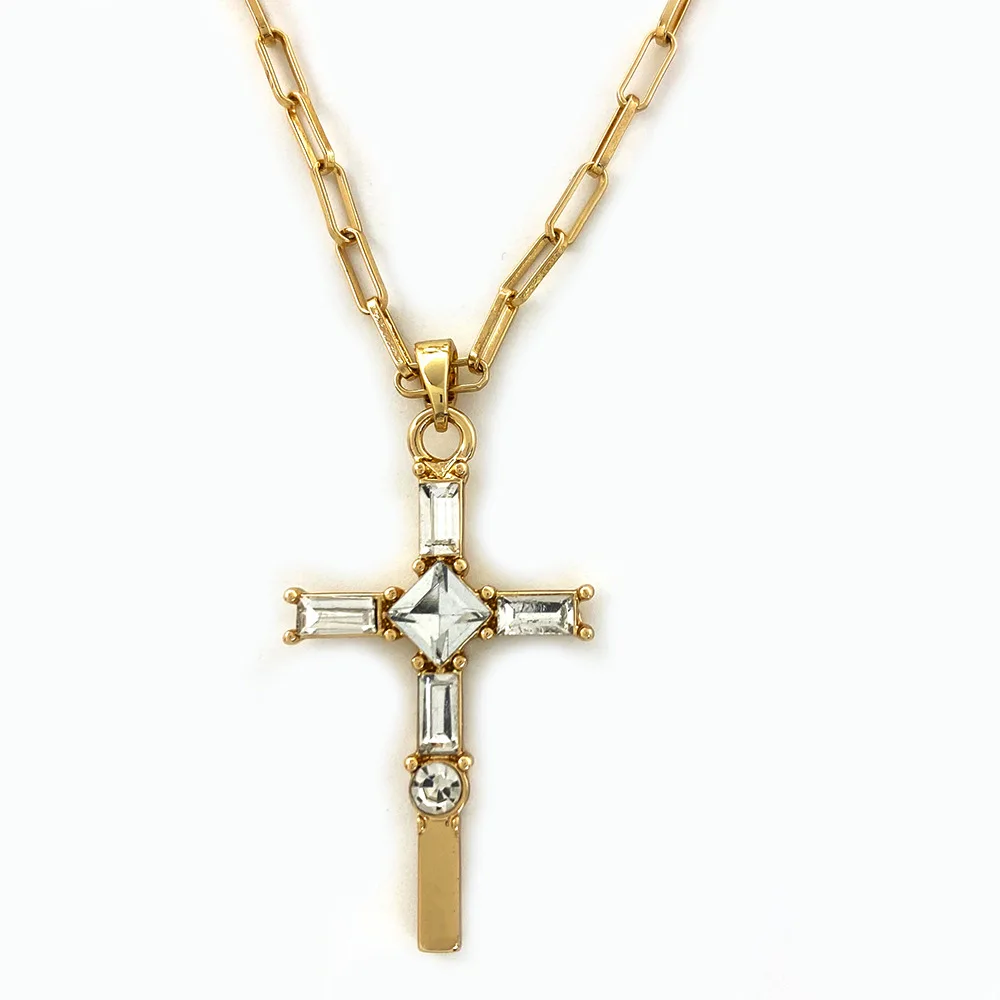 Fashion Personality Commuting Spring Simple Everything Cross Diamond Pendant Double Layer Chain Necklace