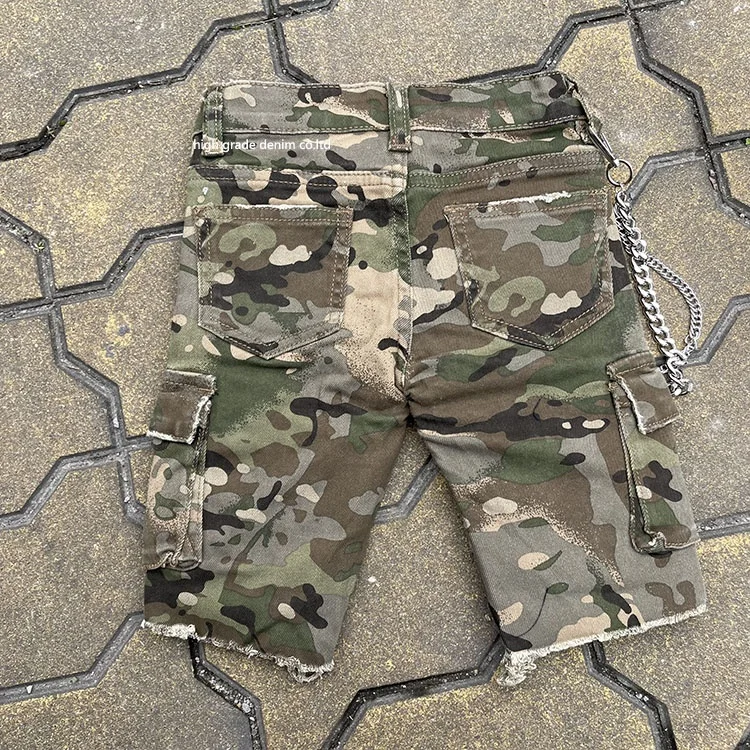 HG Factory Products Denim Camo Fabric Big Size Boys Shorts With Chains Colorful Paints Boy Shorts For 1-14 Years Old