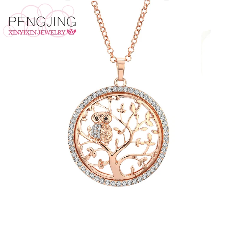 Factory Wholesale New Fashion Alloy Pendant Rhinestone Gold Rose Gold Tree Of Life Owl Necklace For Girls Gift