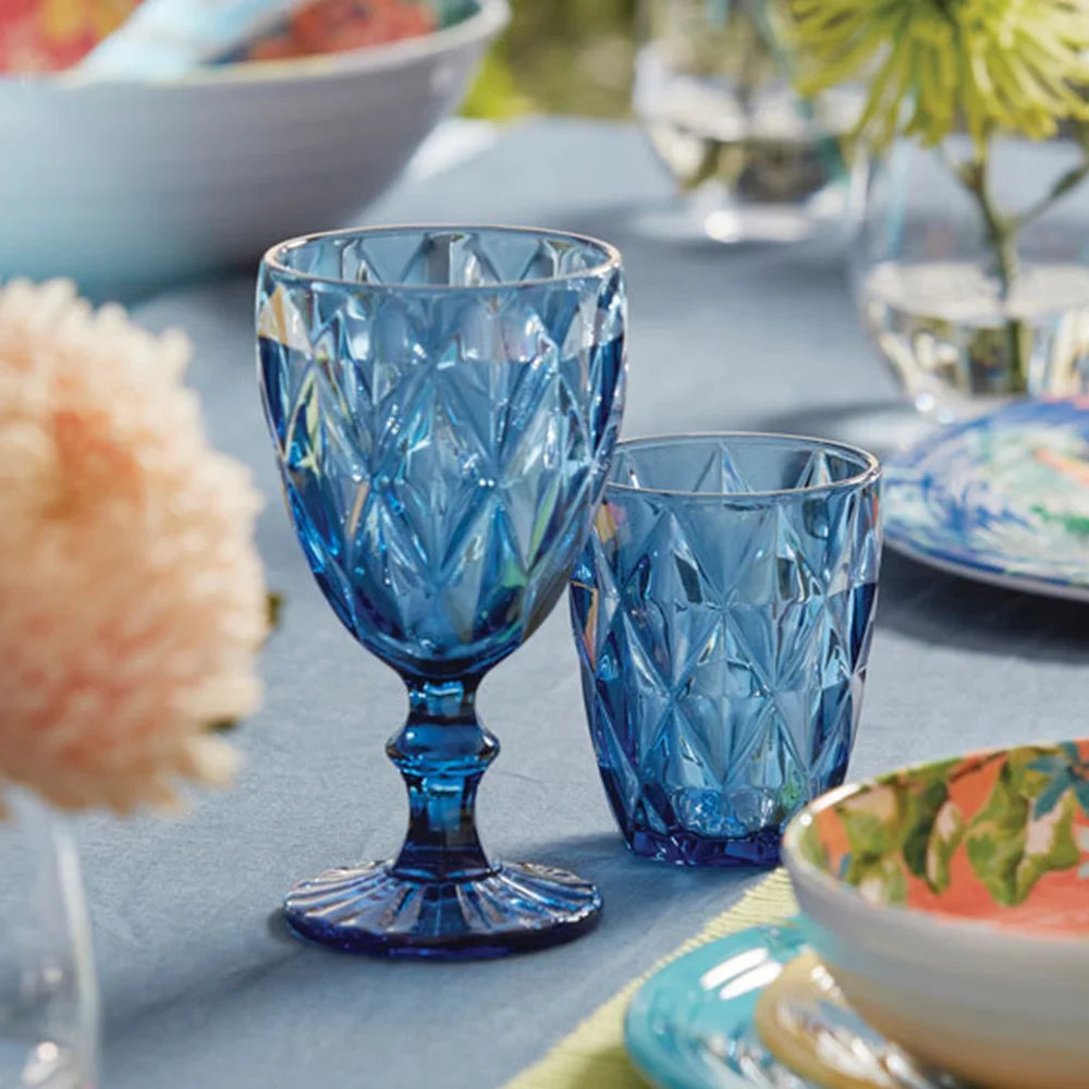 LINK LIFE 340ML DIAMOND Vintage Wine Glasses,Unique Embossed Pattern Clear Stemmed Glassware Wedding Party Bar Drinking Cups