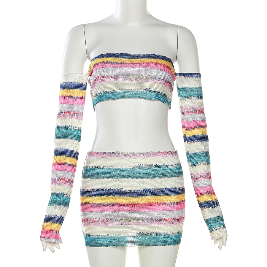 Sexy summer knit two pieces skirt set with off shoulder long sleeve knitted crop top and mini knitted skirt