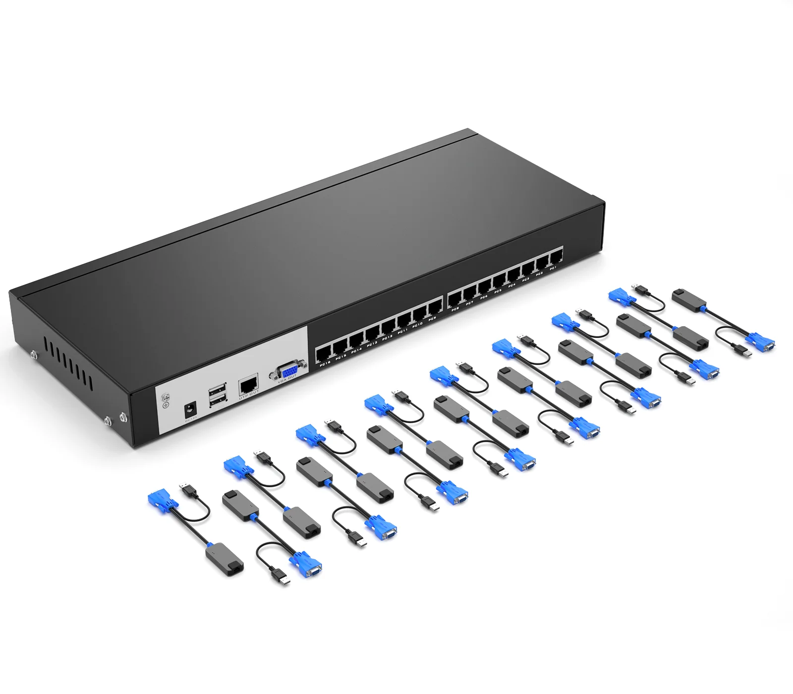 16 Port USB VGA KVM Switch over Ethernet, MT-VIKI VGA Extender KVM Console 16x1 over Cat5e 6/7/8 + 16 VGA to RJ45 Adapters