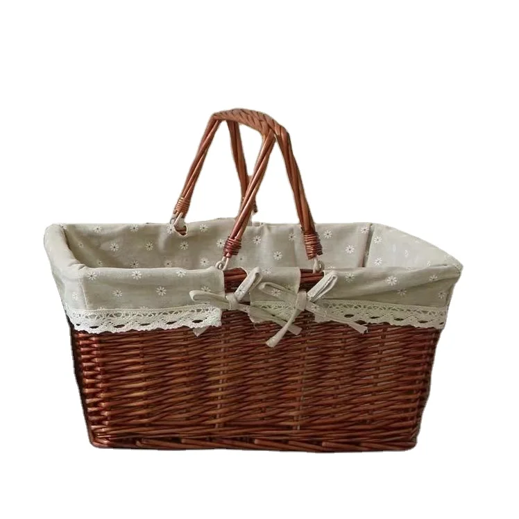 hot selling Vintage-Style Handwoven Wicker Wooden Lid Picnic Basket Wicker Picnic with Folding Woven Handle