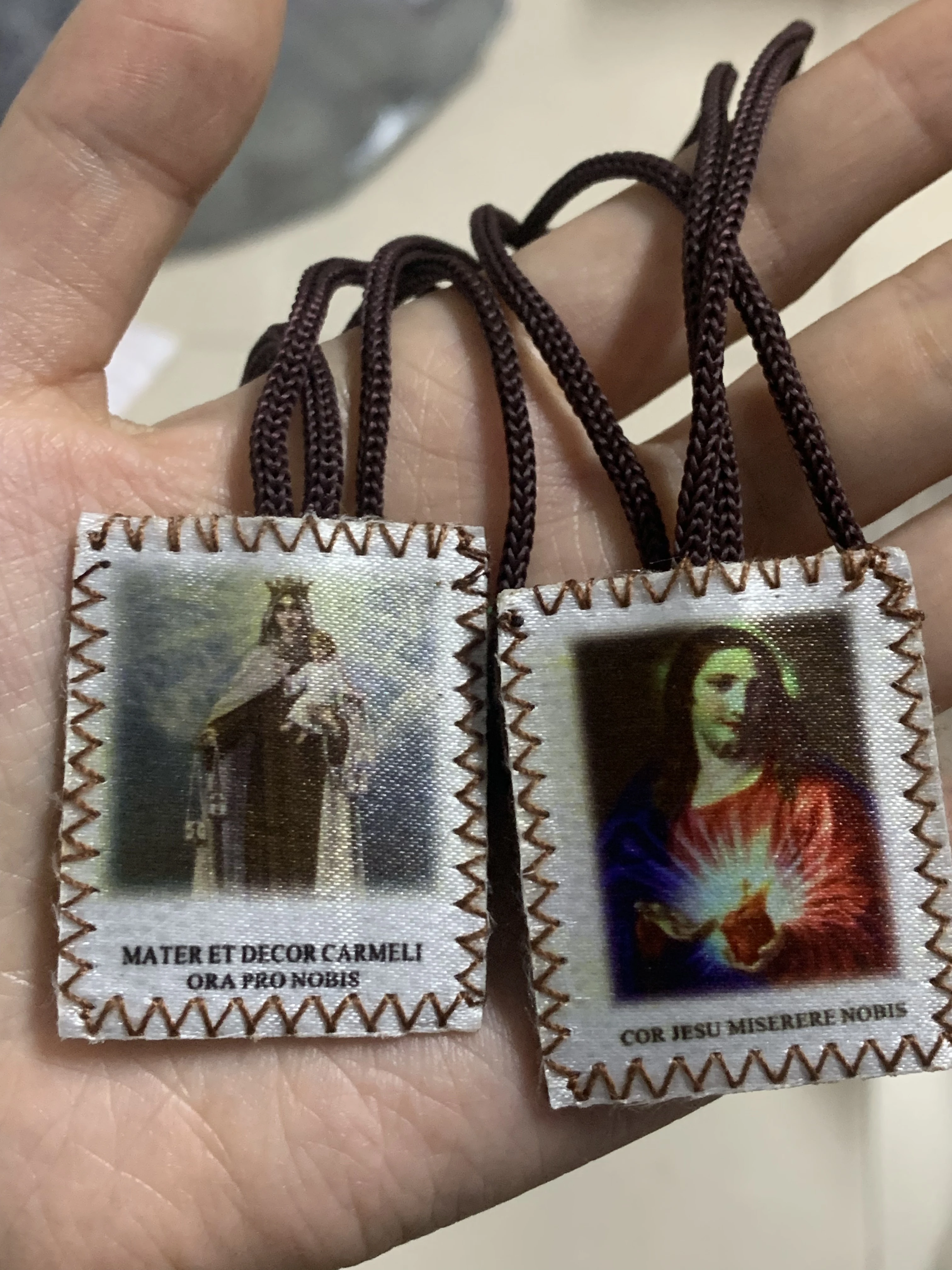 12Pcs Scapular Our Lady of Mt.Carmel And Sacred Heart of Jesus Brown Cord Religious Scapular For Prayer