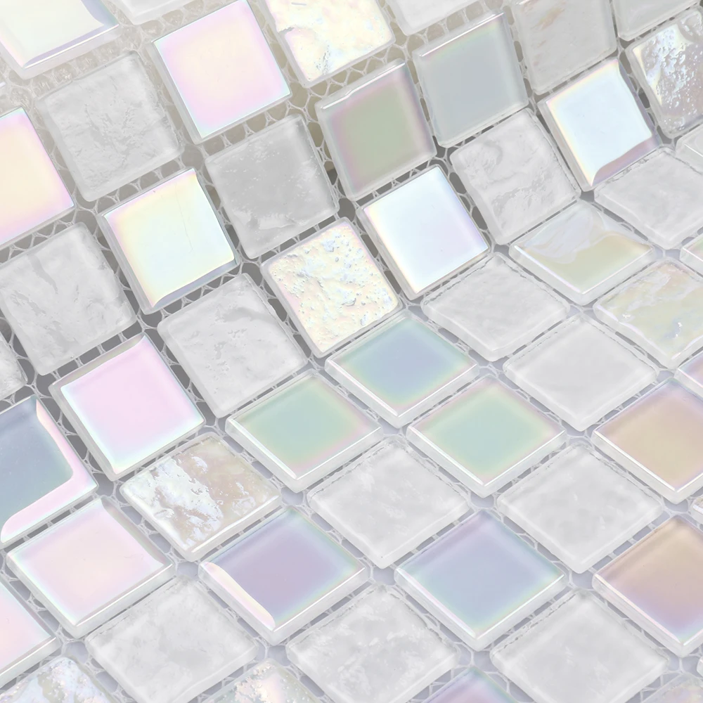 Luxurious iridescent mosaic tiles bathroom shower wall crystal rainbow white blue swimming pool tiles glass mosaic