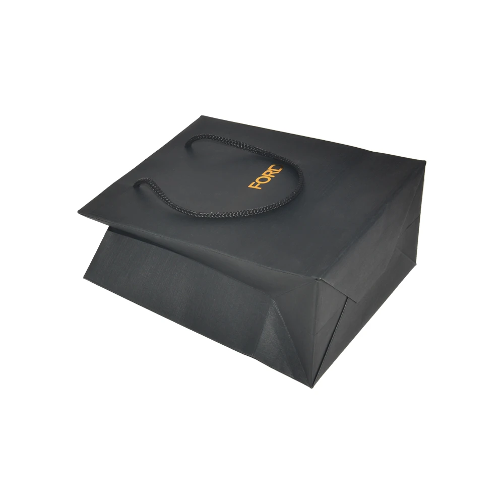 Luxury Gold Foil Logo Custom Branding Jewelry Gift Bag Packaging Kraft Paper Matt Black Shopping Bags with Nylon String Handle
