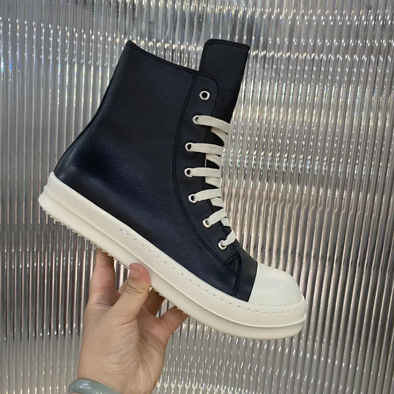 Popular High Top Slip On Sneakers Athletic Casual Tide Shoes Unisex Style Leather Ankle Boots Flat Shoes