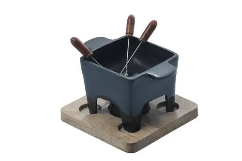 Four Feet Square Cheese Fondue Pot with Wooden Stand