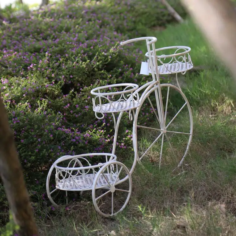 Antique White Metal Flower Display Rack Wrought Iron Bicycle Plant Pot Stand Holder